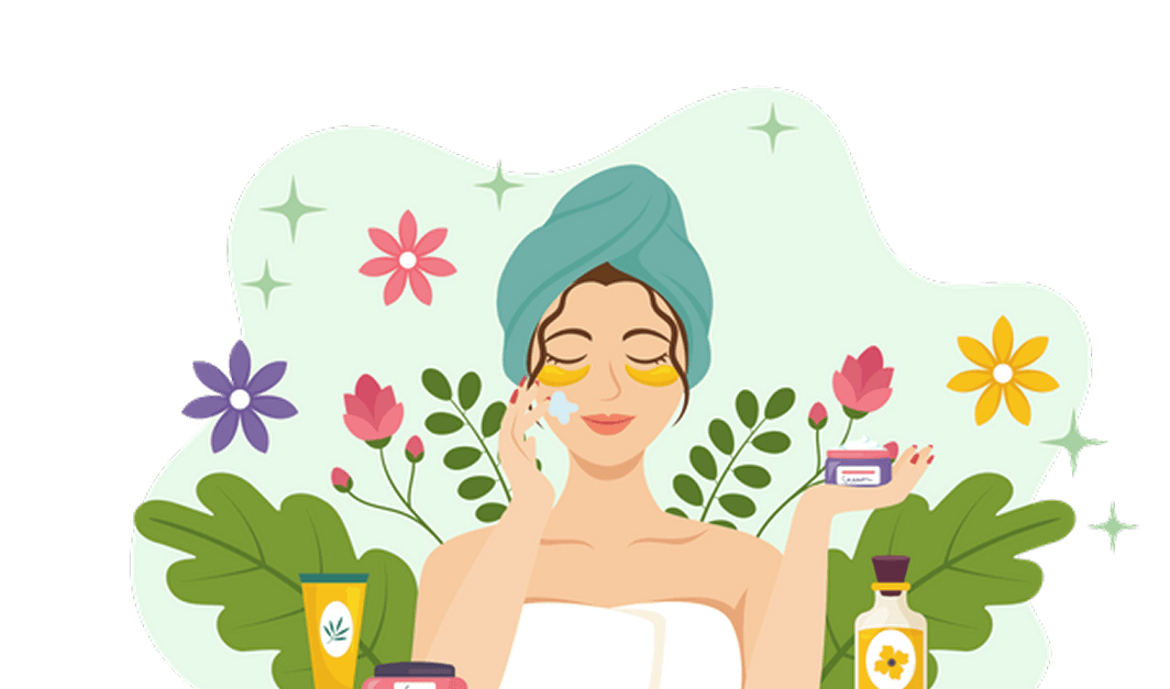 Woman applying skincare products surrounded by flowers and leaves